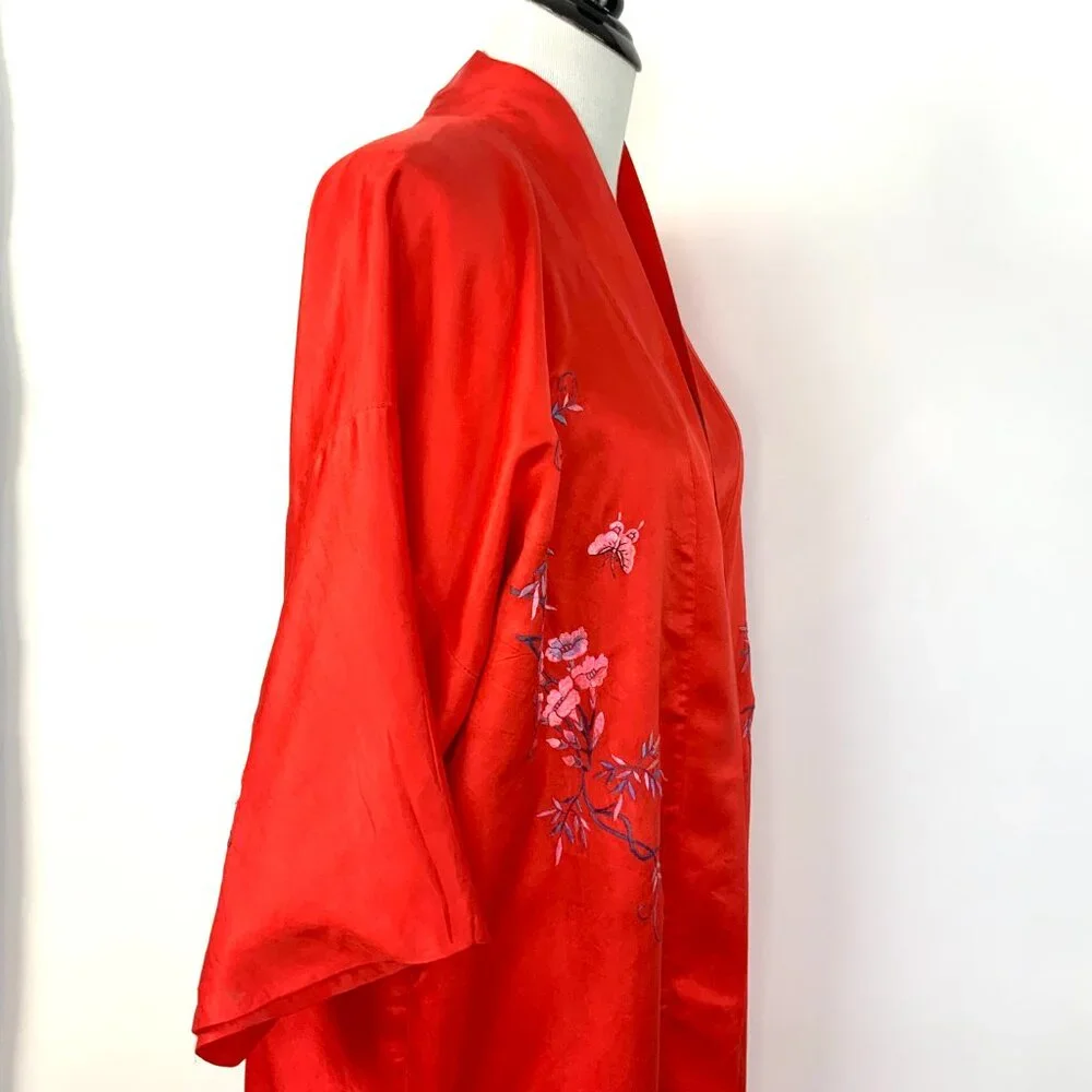 Vintage 50s - 60s Silk Layered Red Embroidered Kimono Robe Sz M - Picture 10 of 16